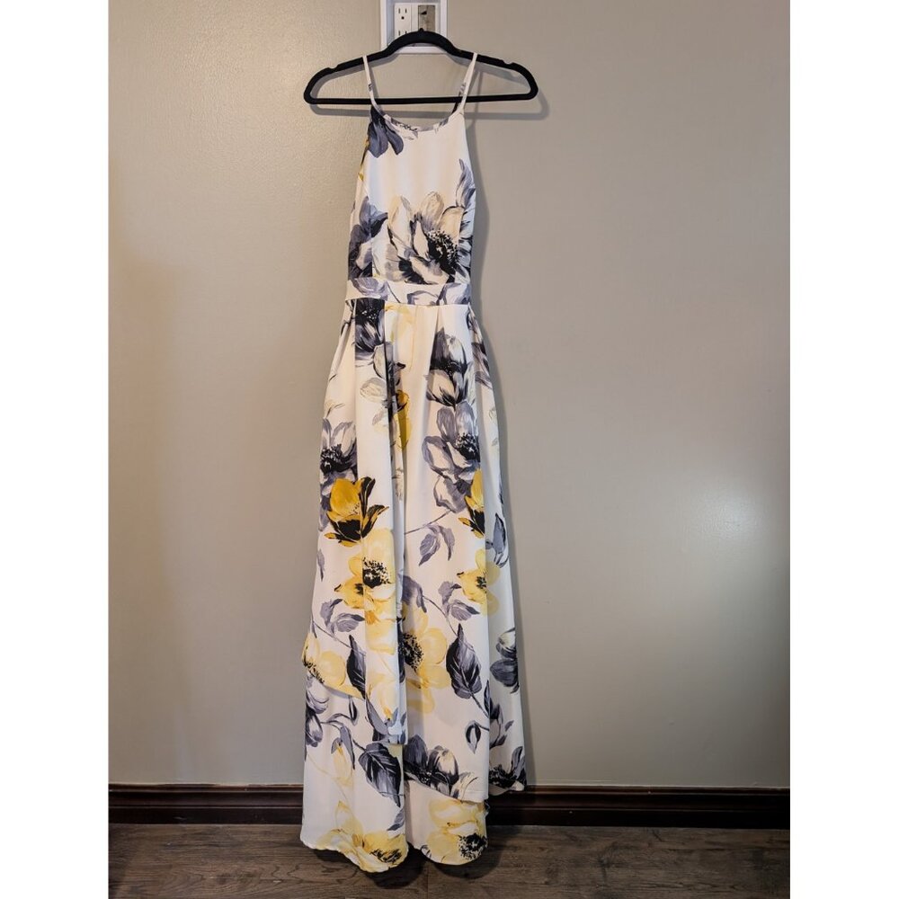 Xtraordinary Formal Maxi Dress Sz 7 Yellow & Gray Floral High Neck Layered